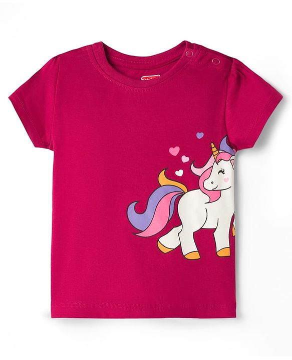 Babyhug Cotton Knit Half Sleeves T-Shirt & Short Night Suit with Unicorn & Heart Print - Dark Pink