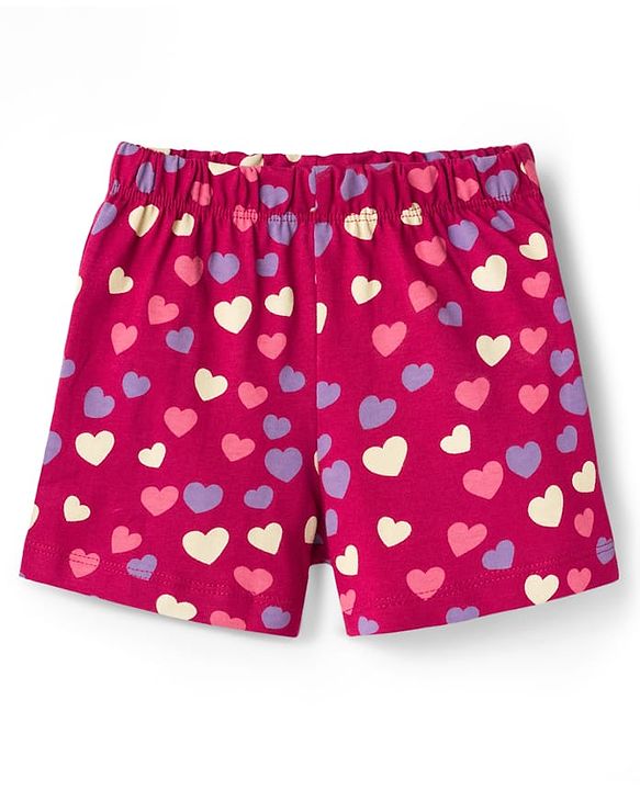 Babyhug Cotton Knit Half Sleeves T-Shirt & Short Night Suit with Unicorn & Heart Print - Dark Pink