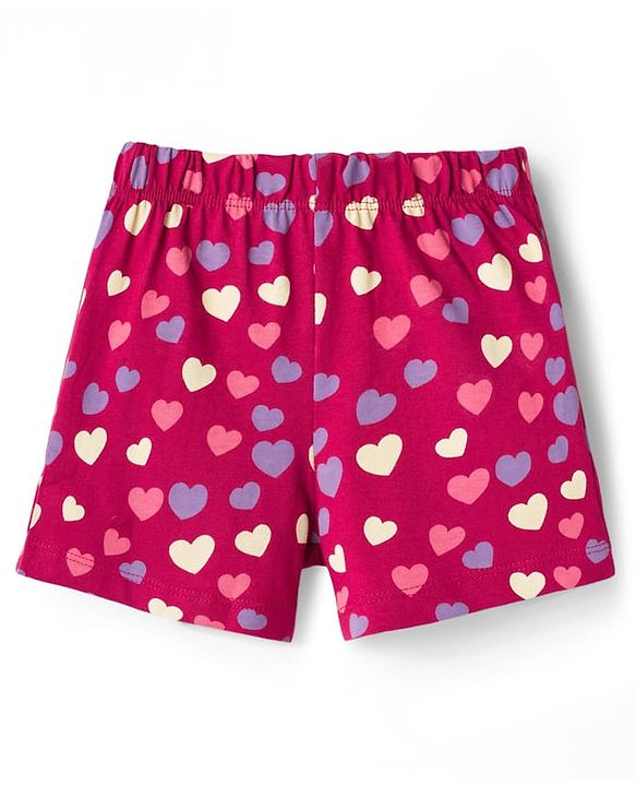 Babyhug Cotton Knit Half Sleeves T-Shirt & Short Night Suit with Unicorn & Heart Print - Dark Pink