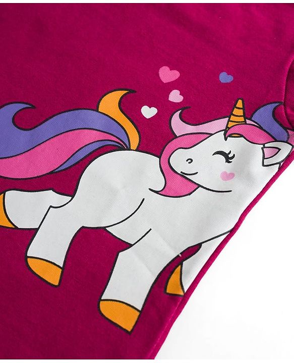 Babyhug Cotton Knit Half Sleeves T-Shirt & Short Night Suit with Unicorn & Heart Print - Dark Pink