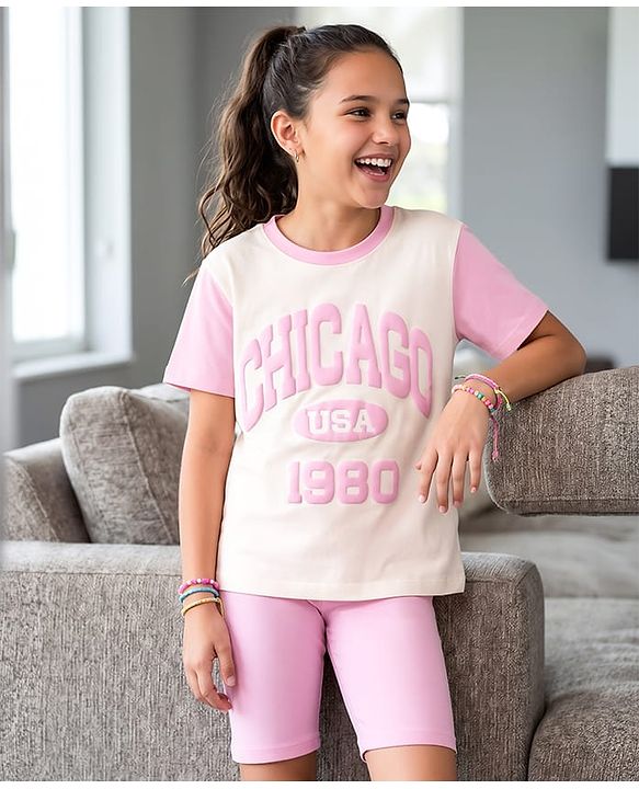 Pine Kids Cotton Knit Half Sleeves Top & Shorts Set with Chicago Print - Pink