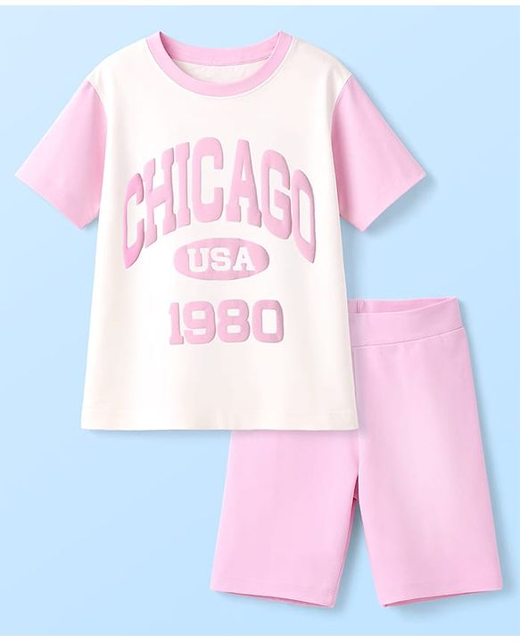 Pine Kids Cotton Knit Half Sleeves Top & Shorts Set with Chicago Print - Pink