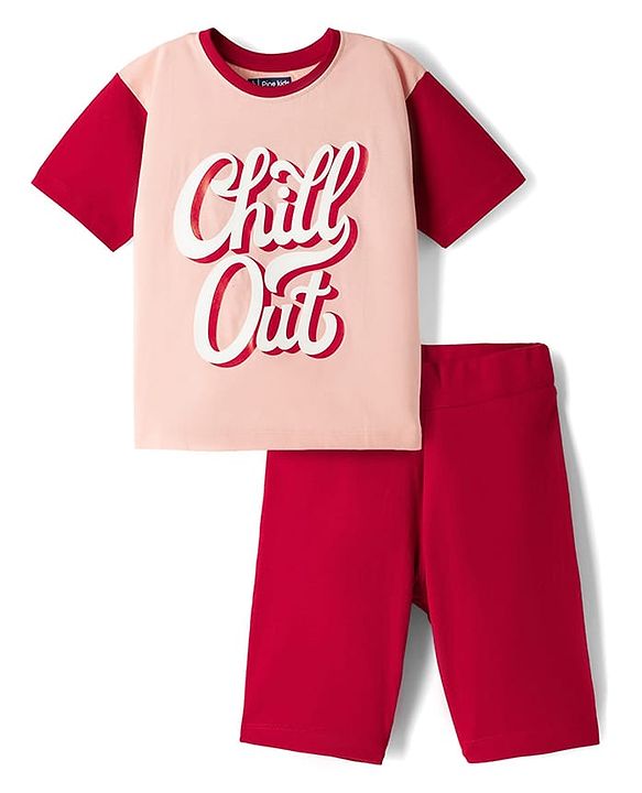 Pine Kids Cotton Knit Drop Shoulder Half Sleeves Top & Shorts Set with Chill Out Print - Red