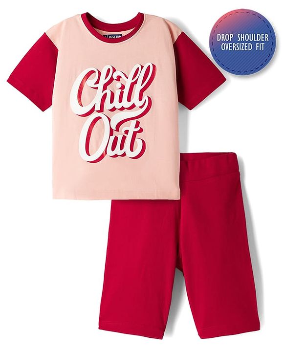 Pine Kids Cotton Knit Drop Shoulder Half Sleeves Top & Shorts Set with Chill Out Print - Red