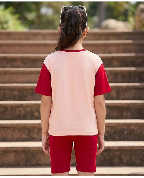 Pine Kids Cotton Knit Drop Shoulder Half Sleeves Top & Shorts Set with Chill Out Print - Red