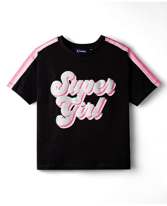Pine Kids Cotton Knit Half Sleeves Top & Shorts Set With Super Girl Print - Black