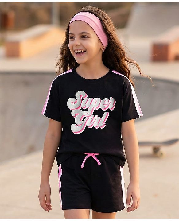 Pine Kids Cotton Knit Half Sleeves Top & Shorts Set With Super Girl Print - Black