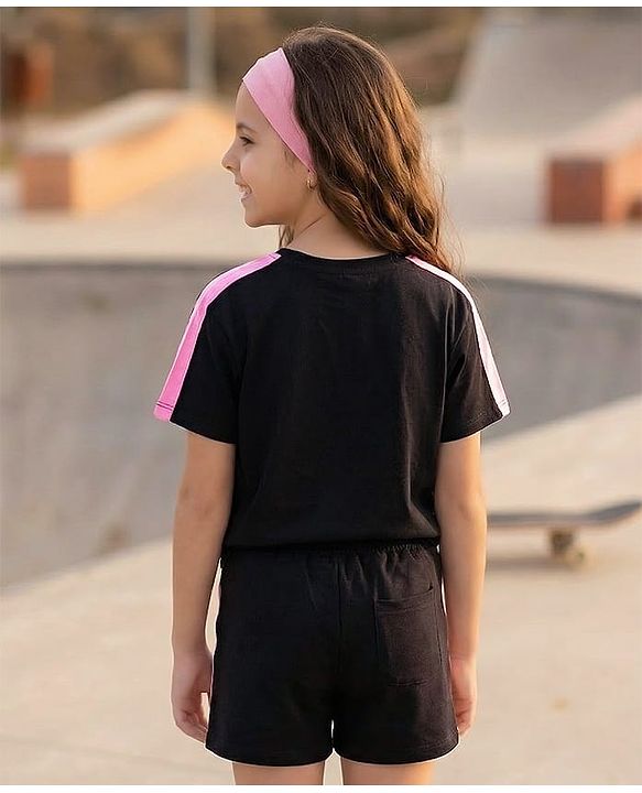 Pine Kids Cotton Knit Half Sleeves Top & Shorts Set With Super Girl Print - Black
