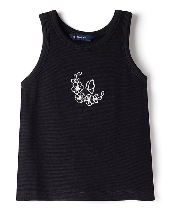 Pine Kids Cotton Knit Sleeveless Tank Top & Shorts Set with Flora Embroidery - Black