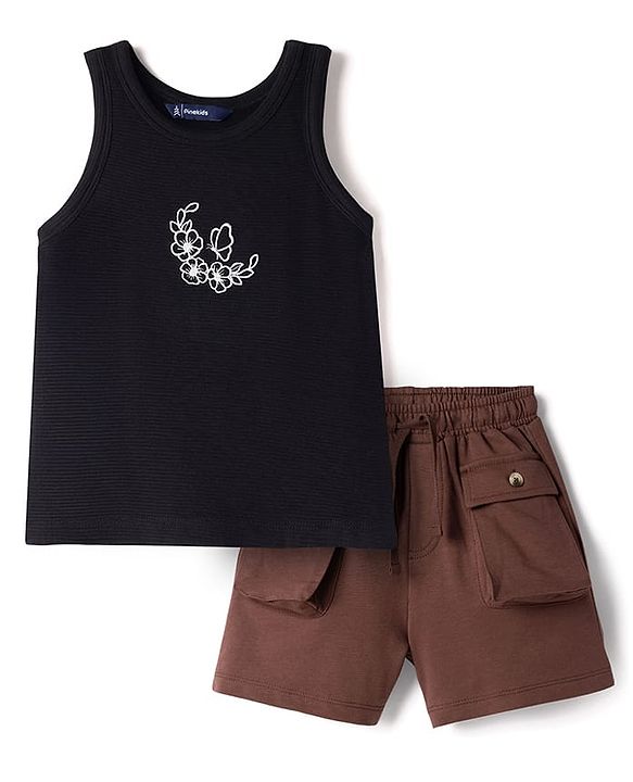 Pine Kids Cotton Knit Sleeveless Tank Top & Shorts Set with Flora Embroidery - Black