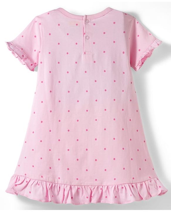 Babyhug Cotton Knit Half  Sleeves Polka Dot & Kitty Printed Nighty - Pink