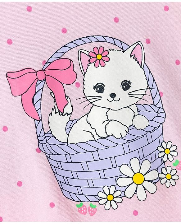 Babyhug Cotton Knit Half  Sleeves Polka Dot & Kitty Printed Nighty - Pink