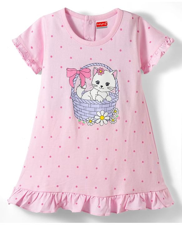 Babyhug Cotton Knit Half  Sleeves Polka Dot & Kitty Printed Nighty - Pink