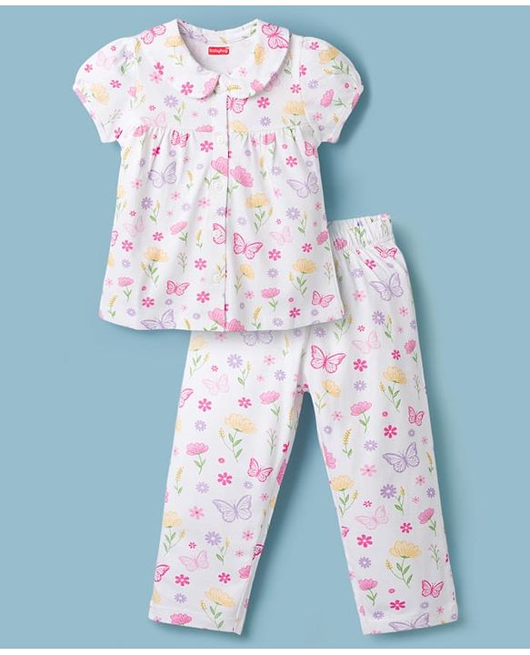 Babyhug Cotton Knit Half Sleeves Front Open Co-ords Top & Pajama Night Suit with Floral Print - White