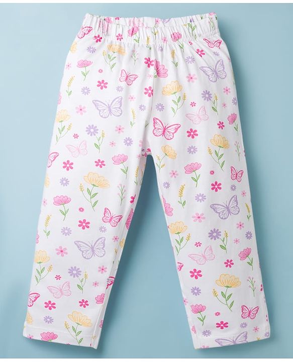 Babyhug Cotton Knit Half Sleeves Front Open Co-ords Top & Pajama Night Suit with Floral Print - White