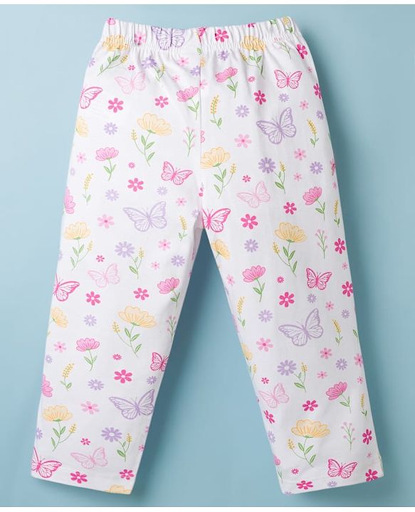 Babyhug Cotton Knit Half Sleeves Front Open Co-ords Top & Pajama Night Suit with Floral Print - White