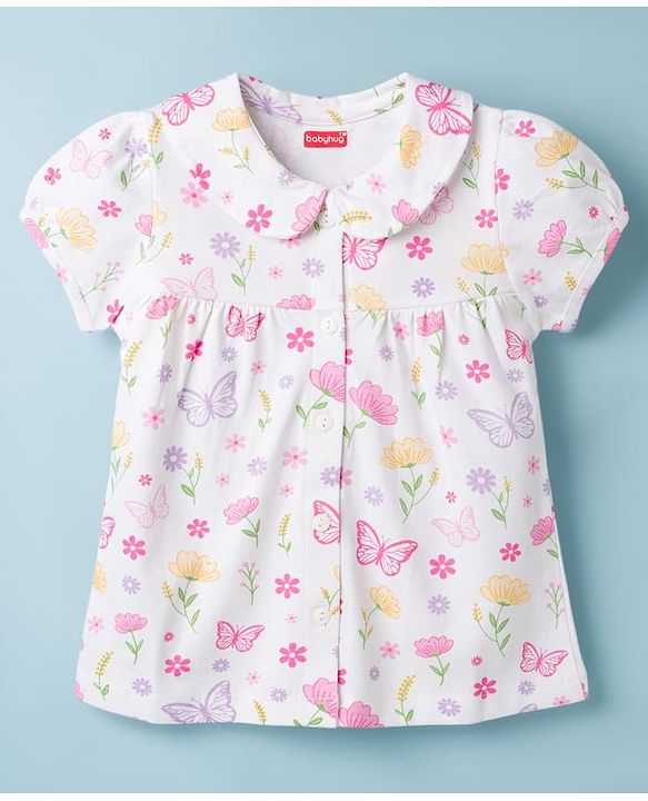 Babyhug Cotton Knit Half Sleeves Front Open Co-ords Top & Pajama Night Suit with Floral Print - White