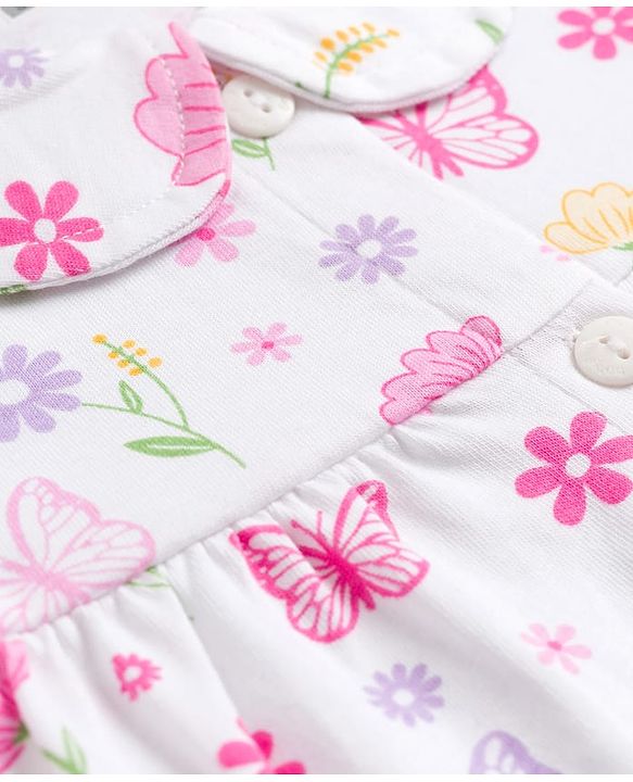 Babyhug Cotton Knit Half Sleeves Front Open Co-ords Top & Pajama Night Suit with Floral Print - White