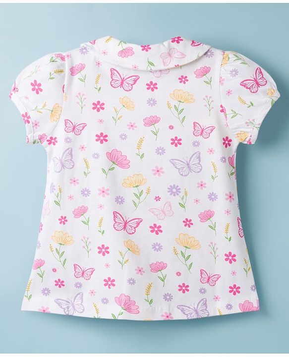 Babyhug Cotton Knit Half Sleeves Front Open Co-ords Top & Pajama Night Suit with Floral Print - White
