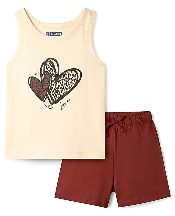 Pine Kids Cotton Knit Sleeveless Top & Shorts Set With Heart Print - Off White