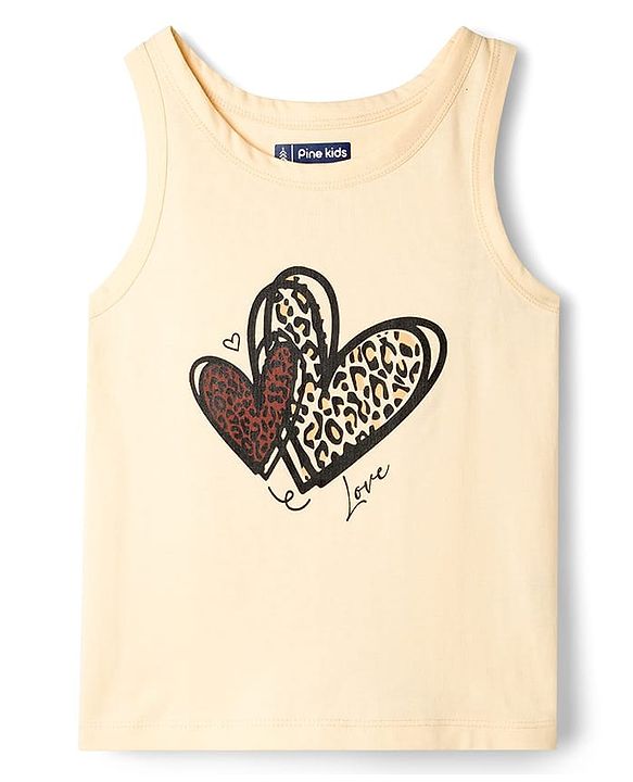 Pine Kids Cotton Knit Sleeveless Top & Shorts Set With Heart Print - Off White