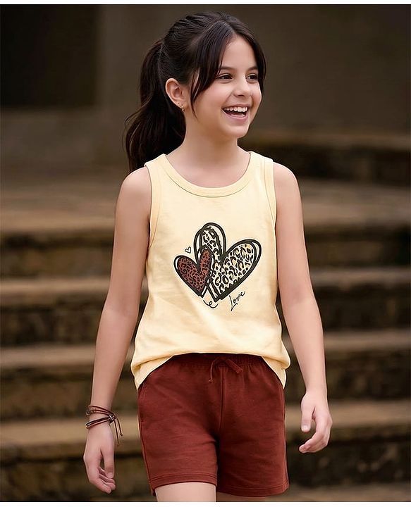 Pine Kids Cotton Knit Sleeveless Top & Shorts Set With Heart Print - Off White