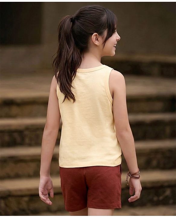 Pine Kids Cotton Knit Sleeveless Top & Shorts Set With Heart Print - Off White