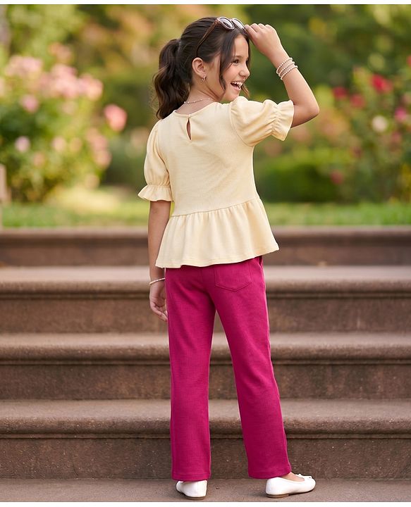 Pine Kids Cotton Knit Puffed Sleeves Peplum Top & Pant Set - Beige & Dark Pink