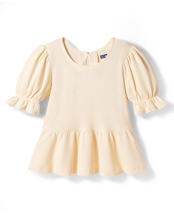 Pine Kids Cotton Knit Puffed Sleeves Peplum Top & Pant Set - Beige & Dark Pink