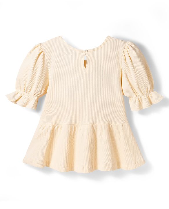 Pine Kids Cotton Knit Puffed Sleeves Peplum Top & Pant Set - Beige & Dark Pink