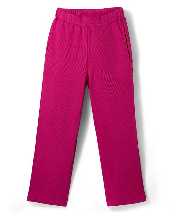 Pine Kids Cotton Knit Puffed Sleeves Peplum Top & Pant Set - Beige & Dark Pink