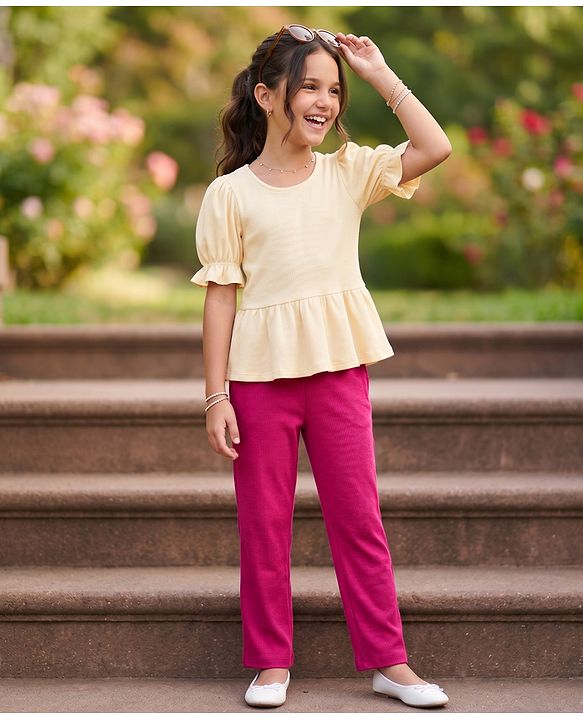 Pine Kids Cotton Knit Puffed Sleeves Peplum Top & Pant Set - Beige & Dark Pink