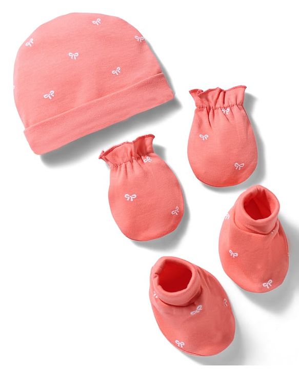 Babyhug 100% Cotton Interlock Knit Cap, Mitten & Booties With Bow Print Coral - Diameter 10 cm