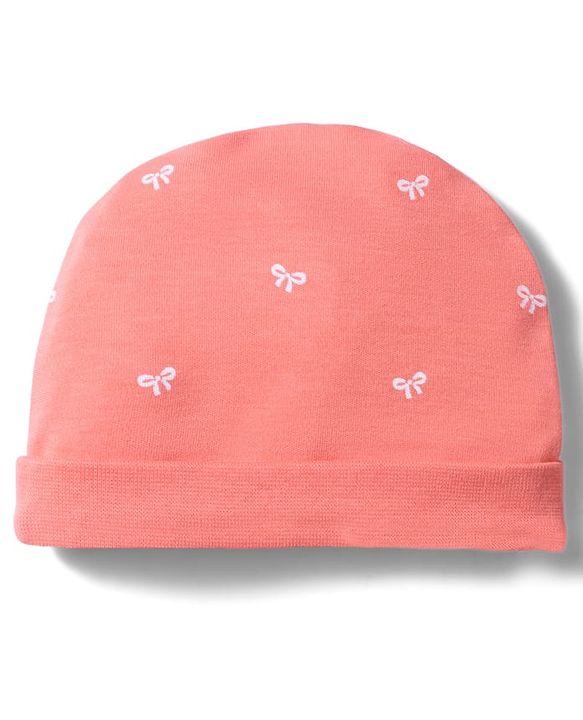 Babyhug 100% Cotton Interlock Knit Cap, Mitten & Booties With Bow Print Coral - Diameter 10 cm