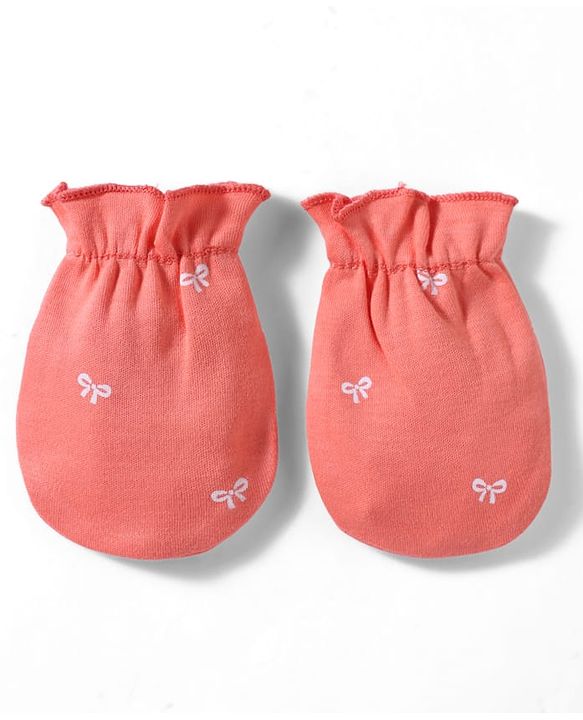 Babyhug 100% Cotton Interlock Knit Cap, Mitten & Booties With Bow Print Coral - Diameter 10 cm