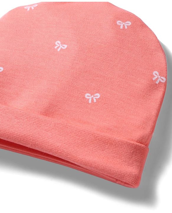 Babyhug 100% Cotton Interlock Knit Cap, Mitten & Booties With Bow Print Coral - Diameter 10 cm