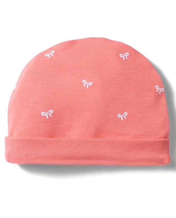 Babyhug 100% Cotton Interlock Knit Cap, Mitten & Booties With Bow Print Coral - Diameter 10 cm