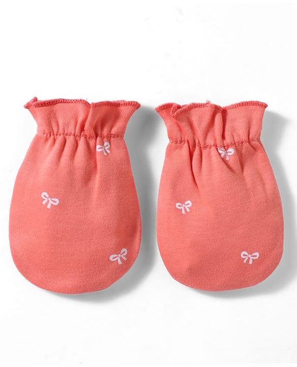 Babyhug 100% Cotton Interlock Knit Cap, Mitten & Booties With Bow Print Coral - Diameter 10 cm