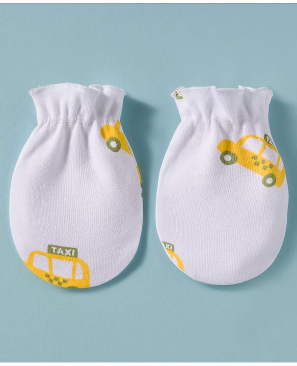 Babyhug 100% Cotton Knit Cap Mittens & Booties Set with Taxi Print White - Diameter 10 cm