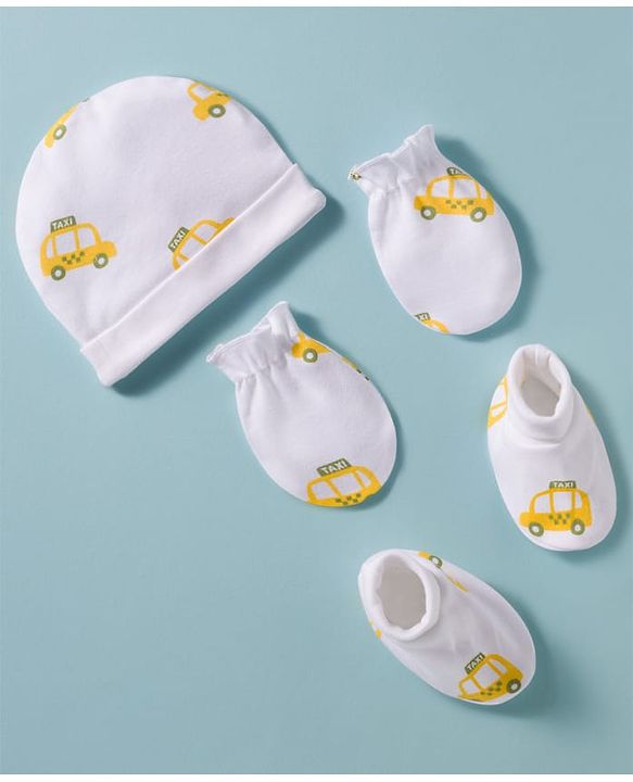 Babyhug 100% Cotton Knit Cap Mittens & Booties Set with Taxi Print White - Diameter 10 cm