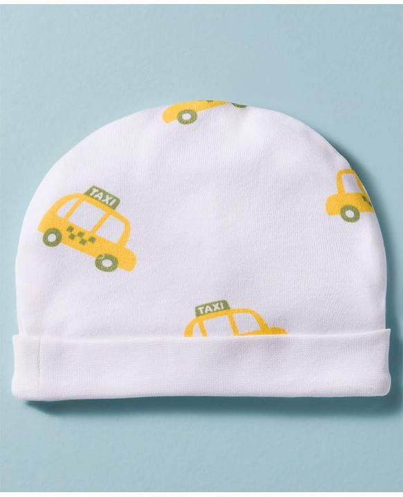Babyhug 100% Cotton Knit Cap Mittens & Booties Set with Taxi Print White - Diameter 10 cm