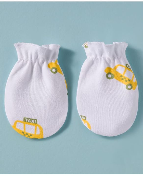 Babyhug 100% Cotton Knit Cap Mittens & Booties Set with Taxi Print White - Diameter 10 cm