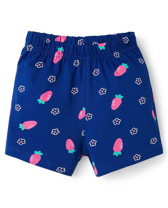 Babyhug Cotton Knit Half Sleeves Front Open Co-ords Top & Shorts Night Suit with Floral Print - Navy Blue