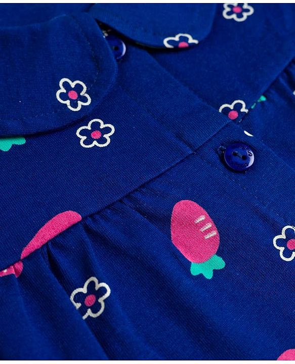 Babyhug Cotton Knit Half Sleeves Front Open Co-ords Top & Shorts Night Suit with Floral Print - Navy Blue
