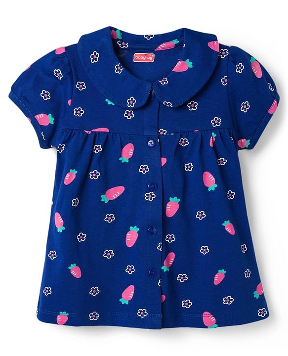 Babyhug Cotton Knit Half Sleeves Front Open Co-ords Top & Shorts Night Suit with Floral Print - Navy Blue