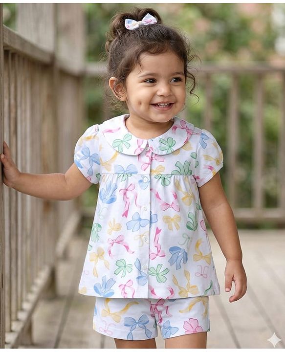 Babyhug Cotton Knit Half Sleeves Top & Shorts Co-ord Night Suit With Bow Print - White