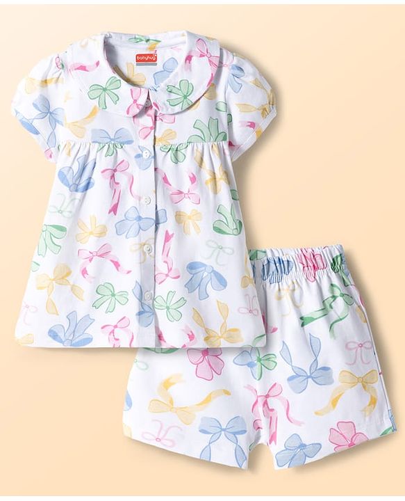 Babyhug Cotton Knit Half Sleeves Top & Shorts Co-ord Night Suit With Bow Print - White