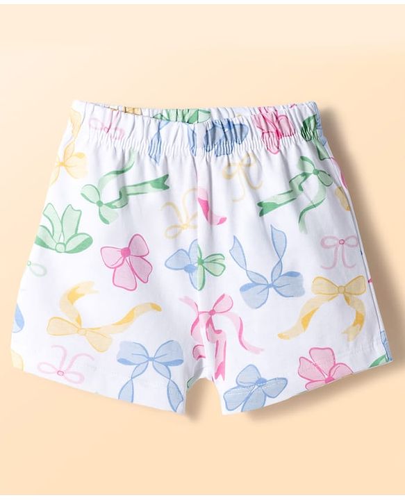 Babyhug Cotton Knit Half Sleeves Top & Shorts Co-ord Night Suit With Bow Print - White