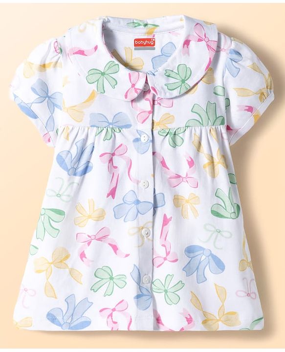 Babyhug Cotton Knit Half Sleeves Top & Shorts Co-ord Night Suit With Bow Print - White