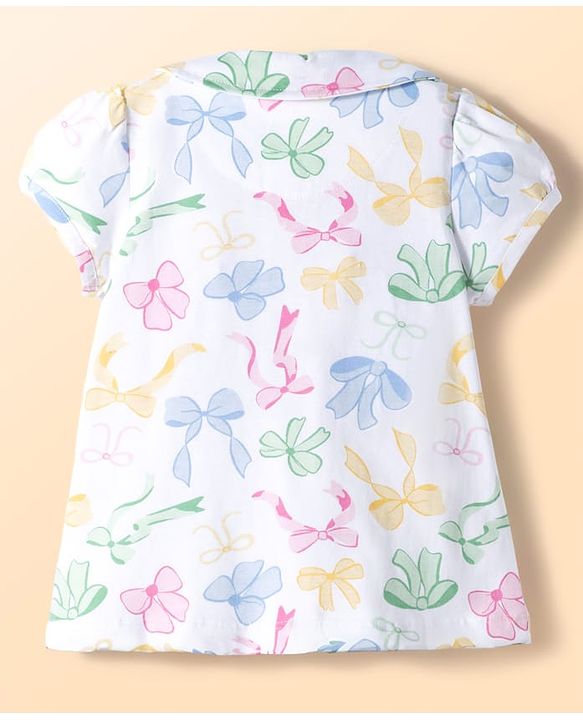 Babyhug Cotton Knit Half Sleeves Top & Shorts Co-ord Night Suit With Bow Print - White
